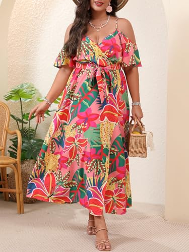 Image of Floerns Women's Plus Size Cold Shoulder Short Sleeve Split Thigh Long Dress