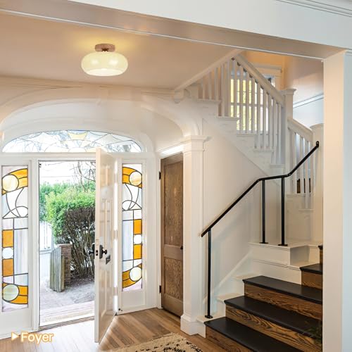 Image of Mid Century Modern Schoolhouse Semi Flush Mount Ceiling Light, Cream Glass Lamp with Wood Grain Metal Base, Rustic Farmhouse Lighting Fixture for Bedroom, Hallway, Dining, Living, Entryway