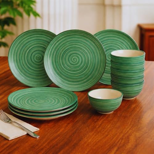 Image of Freakway Hand-Painted 'Sea Swirls' Ceramic Dinner Set of 12 Pieces | 6 Ceramic Dinner Plate and 6 Bowl /katori | Bone Ash Free | Microwave and Dishwasher Safe - Green
