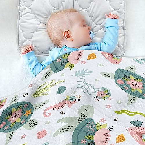 Image of Swaddle Blanket for Turtle Sea Horse Baby Receiving Blanket Muslin Baby Swaddles Soft Cotton Breathable Nursery Blankets for Unisex Boys and Girls 30x40 Inch