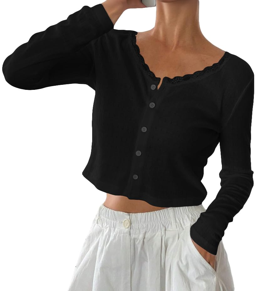 Cioatin Women V Neck Lace Trim Button Down Open Front Pointelle Crop Cardigan Long Sleeve Clean Fit Y2K Minimalist Shirt Tops