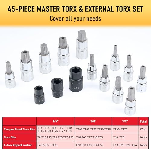 Image of 107-Piece Master Torx & Allen Bit Socket Set, S2 Steel, 1 /4 inch 3 /8 inch 1 /2 inch Drive, Long Torx, Ball End Hex, Tamper-Resistant Star, E-Star Sockets, SAE & Metric (Chrome-Polished Set)