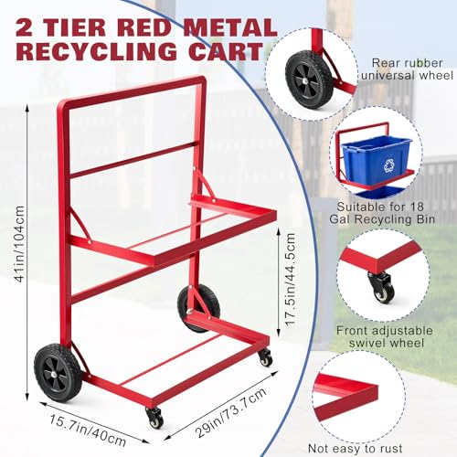 Carrito de reciclaje de metal rojo de 2 niveles de 18 galones con ruedas de goma 3