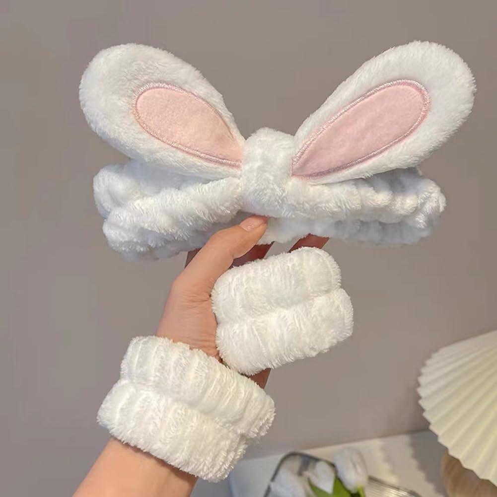 3 Pcs Bunny Ear Makeup Headband with Wristbands Skincare Washing Face Hair Band Soft Head Wraps Spa Shower Hairband for Women Girls image 3
