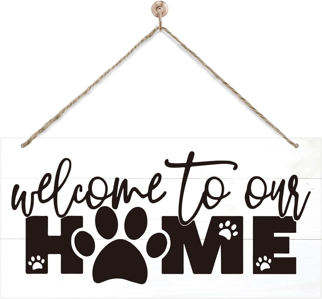 Welcome Sign for Front Door, Front Door Decor Wooden Hanging Sign for Wall Decor, Welcome to Our Home, Pet Lover Wall Signs, Rustic Funny Wooden Outdoor Hanging Decoration 13.8X6.9 inches