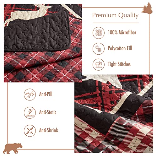 Virah Bella 3 Piece Queen Lodge Quilt Bedding Set - Diamond Bear Lodge - Rustic Cabin Country Reversible Camping Comforter Set With Decorative Pillow Shams, Burgundy/Black #TOP3