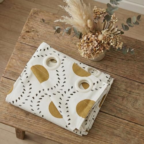 Image of HUESLAND Cotton Curtains for Windows, 6 feet Long 1 Bohemian Eyelet Curtain (Window 6 x 4 ft, Natural, Golden Ochre & Bistre)