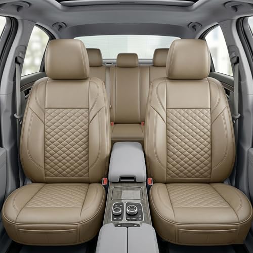 Auto Family Premium 5Pcs Set PU Leather Car Seat Cover Full Set (Sedan Car) Universal Fit Auto Seat Covers Luxury Interior Protector Waterproof Seat Covers (Beige)
