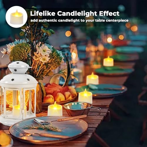 Image of Realistic Flameless LED Tea Lights - Battery-Powered Dancing Flame Candles for Weddings, Halloween, Votives | Safe Child-Resistant, Flickering Ambiance Decor (White Base, 100 Pack)