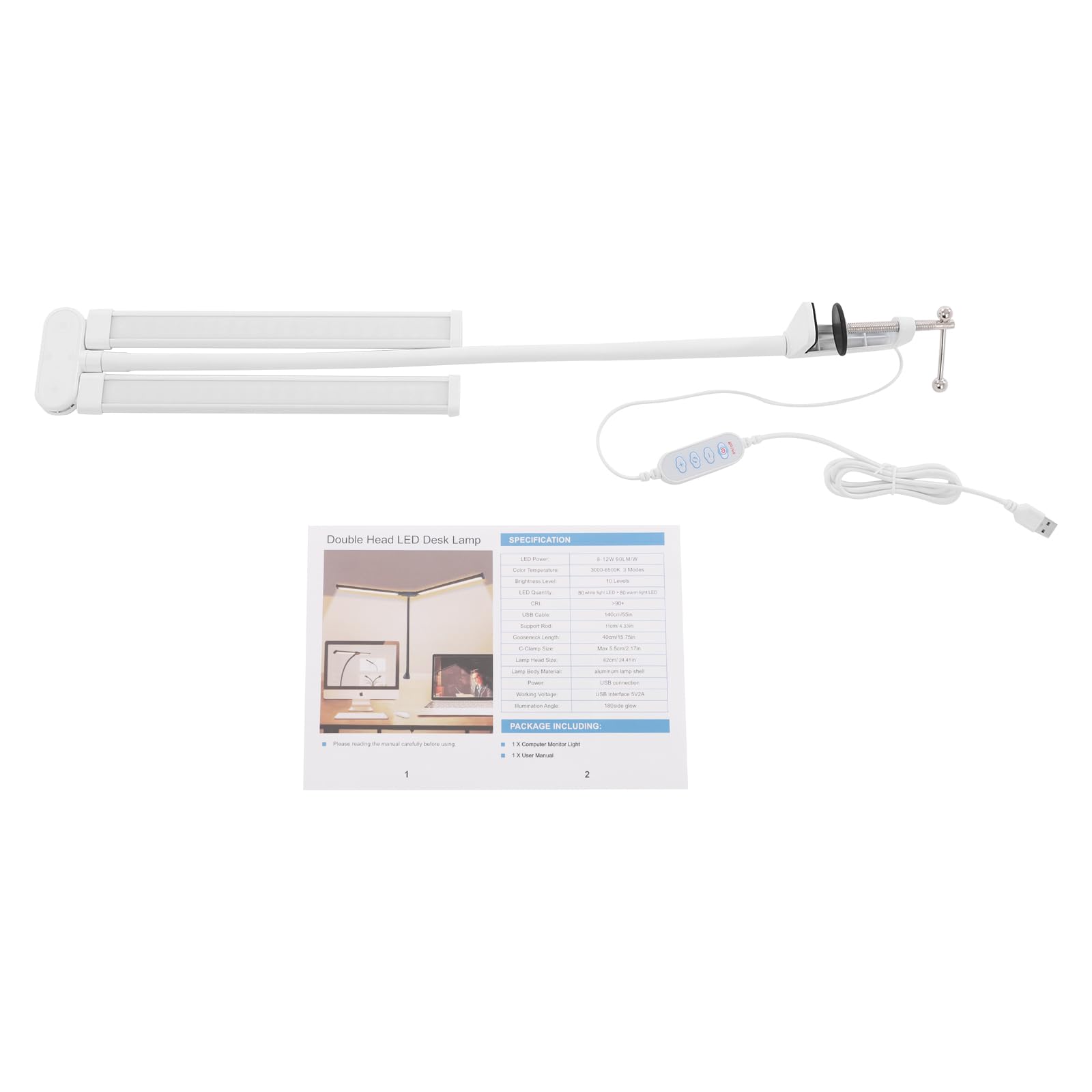 Schreibtischlampe LED mit Doppelkopf, Tischlampe Klemmbar – 3 Farbtemperaturen & 10 Helligkeitsstufen, Augenschutz, Flexible Schwanenhals-Design für Homeoffice, Lesen, Schlafzimmer (Weiß)