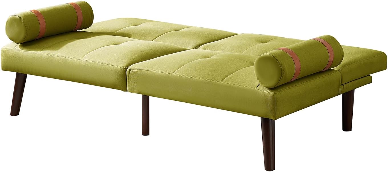 Convertible Sofa Bed Futon Linen Sleeper Couch with Adjustable Backrests Soild Wood Legs for Bedroom Living Room Green