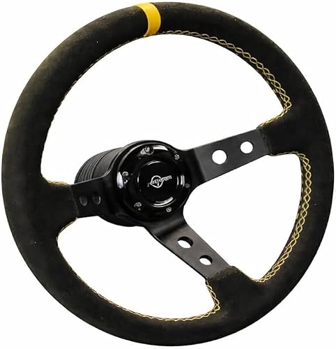Racing Steering Wheel, Suede Leather, Black with Yellow Stitching | 3-Spoke Design, Deep Dish Style, Black Metal Spokes, Yellow Centre Marker, Sport Grip