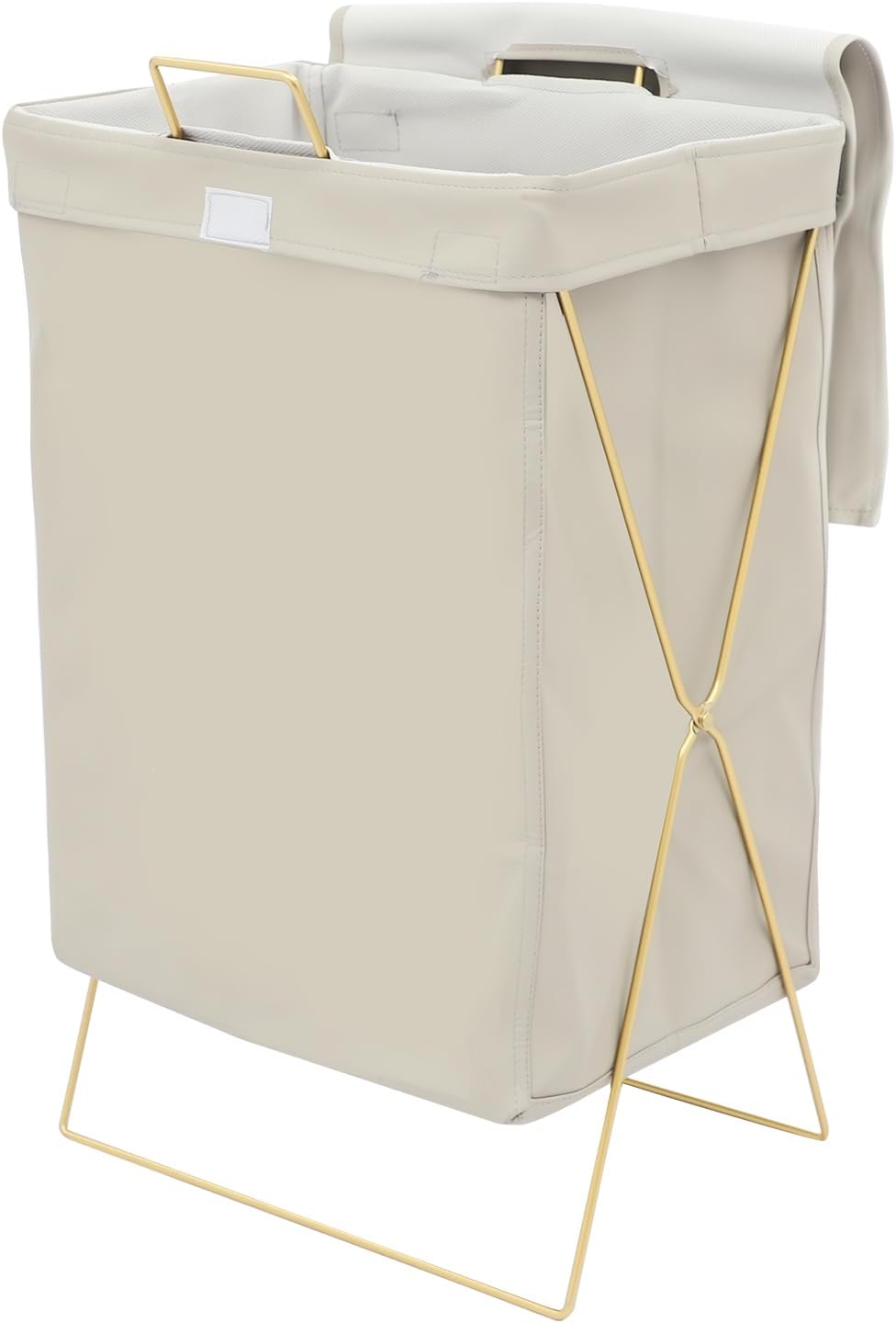 X-Frame Laundry Basket with Lid, Foldable Laundry Hamper, Gold Metal Collapsible Bag Sorter Organizer, Luxury Folding Dirty Clothes Washing Bin (Gold Frame+ Grey Bag)