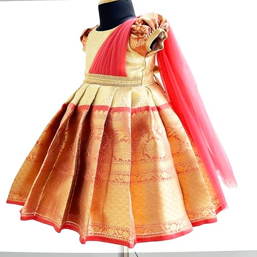 Image of Stanwells Kids Gold & Peach Banarasi Silk Saree Frock for Baby Girls - Traditional Ethnic Dress for Birthday (6 Months-7 Years)