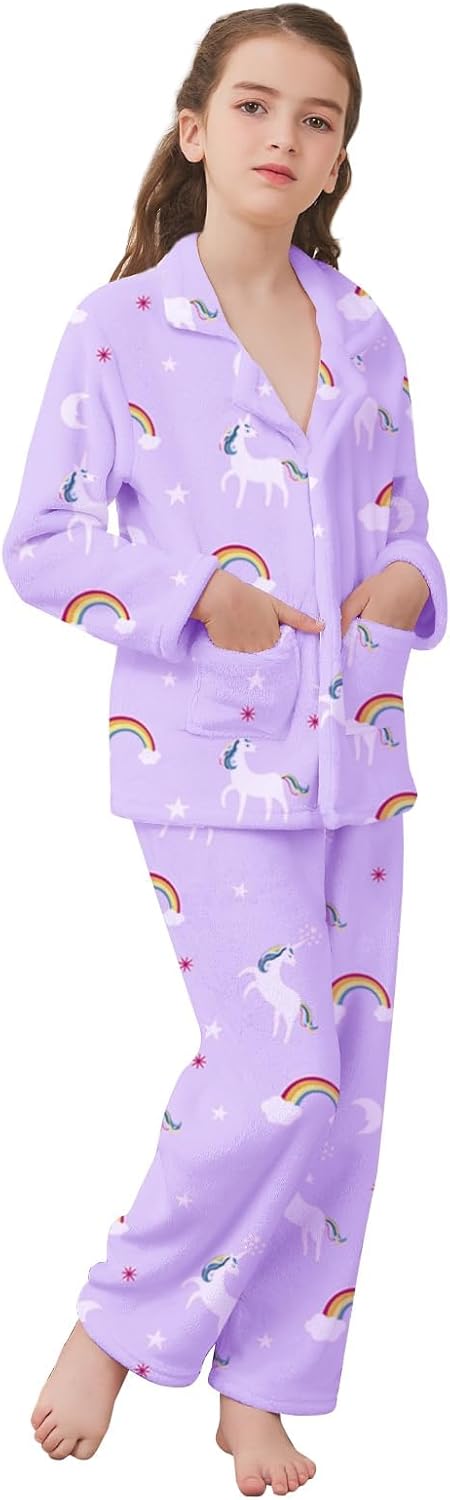 Umeyda Girls Fleece Pajamas Long Sleeve Flannel Button Down Sleepwear Kids Soft Fuzzy 2 Pieces Pjs Loungewear Sets - Image 4