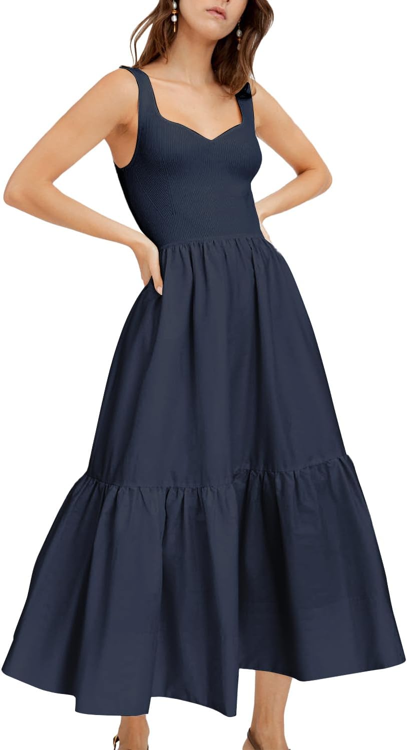 FANCYINN Women’s Sleeveless Summer Midi Dress Knit Tank Bodice Tiered V-Neck Casual Flowy Sundress Pockets Vacation Dress - Image 2