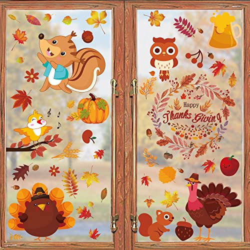 OEAGO 197 PCS 9 Sheets Fall Decor/Decorations for Home,Fall/Thanksgiving Window Clings Stickers - Autumn Leaves Turkey Acorns Window Clings Home School Office Thanksgiving Party Decor Supplies