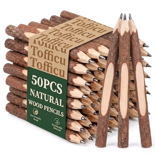 50 Pcs Wooden Pencil, Wood Graphite Wooden Tree Rustic Twig Pencils for Kids, Tree Bark Pencils, Woodland Baby Shower Decorations Log Short Drawing Tool Child
