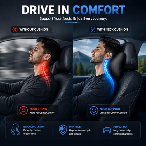 Image of Adroitz Car Neck Rest Pillow Set of 2 - Ergonomic Breathable Seat Headrest Cushion for Driving - Universal Fit Interior Accessory for Neck Support & Head Rest - Premium Car Pillow for Seat Comfort
