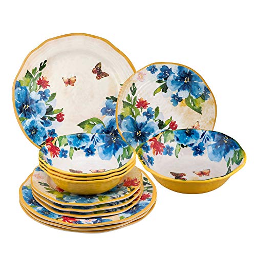 Gourmet Art 12-Piece Butterfly Heavyweight and Durable Melamine Dinnerware Set, Service for 4. Includes Dinner Plates, Salad Plates and Bowls. for Indoors Outdoors Use and Everyday Use.