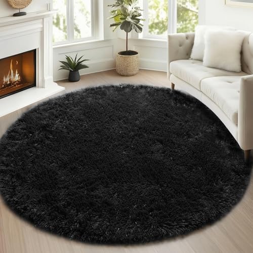 ONASAR 5 ft Black Round Fluffy Area Rug for Bedroom, Living Room, Kids Room