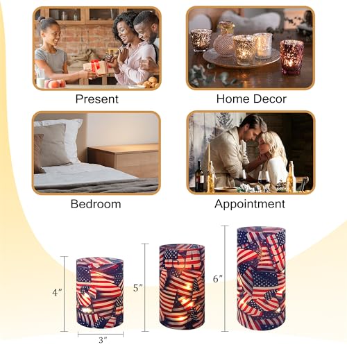 Image of Printed Flameless Candles with String Lights - Set of 3 USA Flag Battery Operated Candle Flickering Floral LED Pillar Candles with Timer Remote for Home Decor Romantic Ambiance,Flag