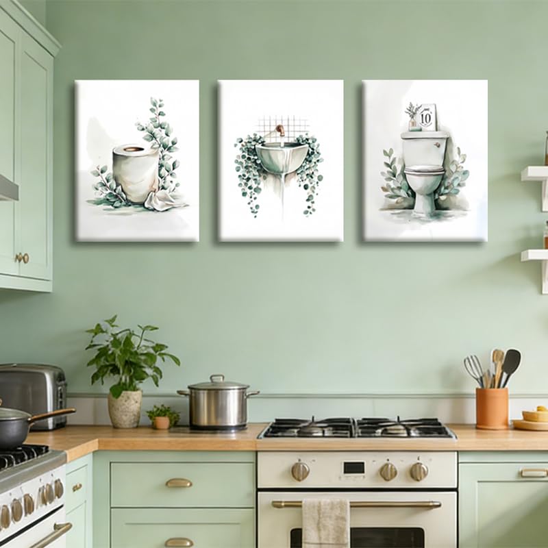 Image of Frimeeme 3 Piece Sage Green Botanical Bathroom Canvas Wall Art & Decor