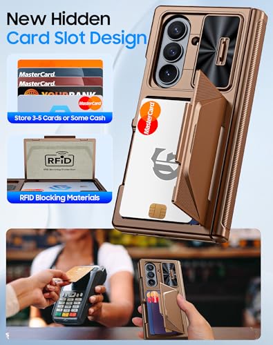 Image of for Samsung Galaxy Z Fold 7 Case with Card Holder RFID Blocking, Built in Slide Lens Cover & Hinge Protection & Screen Protector, Shockproof Wallet Case for Z Fold 7 (Desert Gold)