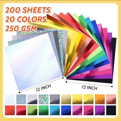 200 Sheets Metallic Mixed Cardstock Paper Bulk 20 Colors,Foil Board Paper 12