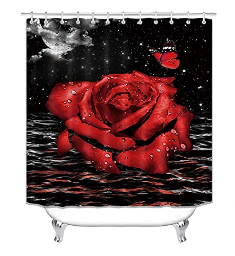 Camille&Andrew 4Pcs/Set Raindrops Red Rose Butterfly Shower Curtain, Fantasy Full Moon Starry Sky Clouds Ocean Ripple Romantic Floral Bathroom Decor, Non-Slip Bath Rugs Toilet Mats, Dark Night View #TOP1