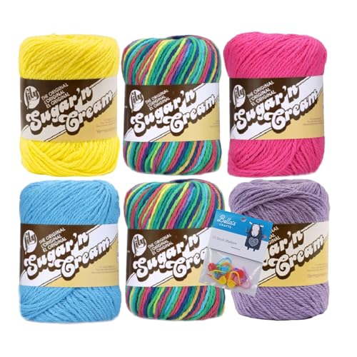 Image of Lily Sugar'n Cream 100% Cotton Yarn 6-Pack Bundle with Bella's Crafts Stitch Markers (Psychadelic Mix)