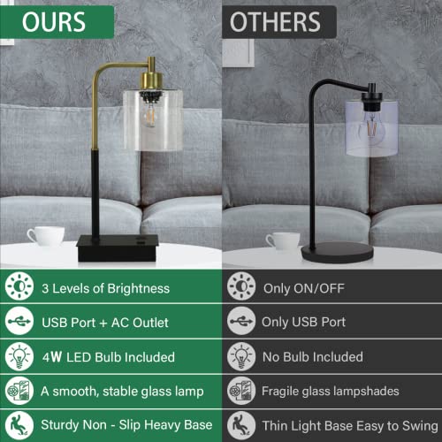 Oyedis Touch Control Table Lamp 3-Way Dimmable Modern Bedside Nightstand Lamp With Usb Type C Port 1 Ac Outlet Small Desk Lamp With Seeded Glass Shade For Children Office Dorm, Bulb Included #TOP5