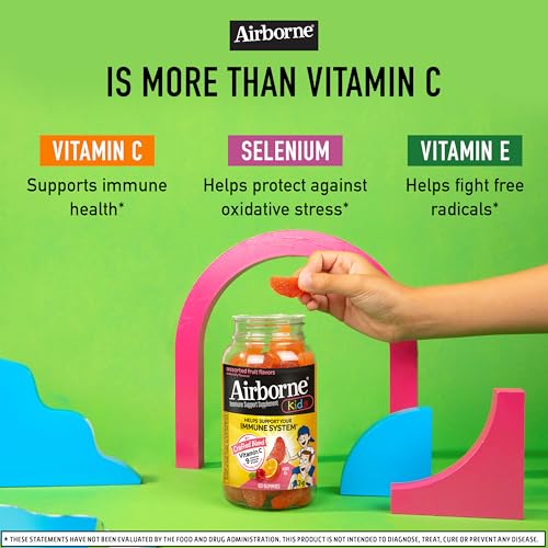 Image of Airborne Kids 500mg Vitamin C Gummies, Kids Immune Support Zinc Gummies with Powerful Antioxidants VIT C & E - 63, Assorted Fruit Flavor | Antioxidants Vitamins A, D & E + Zinc, Selenium, and Manganese, Herbal Blend, Naturally Flavored Supplements, Immune health