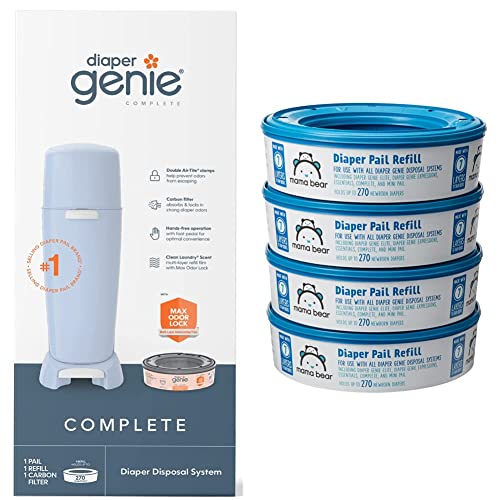 Image of Diaper Genie Complete Diaper Pail (Blue) with Antimicrobial Odor Control, 1 Carbon Filter & Amazon Brand - Mama Bear Diaper Pail Refills for Diaper Genie Pails, 1080 Count (4 Packs of 270 Count)