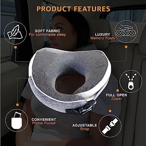 BLUE TEAL Travel Pillow - Memory Foam Neck Pillow for Travel - Neck Support Pillow - Luxury Compact & Lightweight Quick Pack for Camping & Airplane - Sleeping Rest Cushion for Kids & Adults - (Grey)