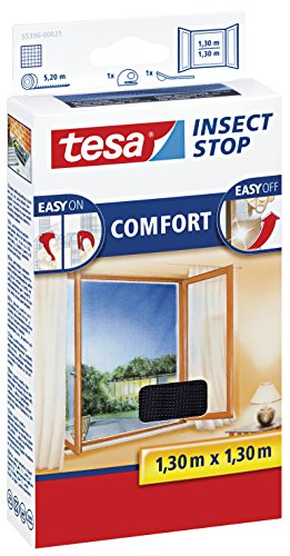 tesa Insect Stop COMFORT for Windows - Window Screen with Self-Adhesive Hook & Loop - Insect Mesh - in Anthracite, 130 cm x 130 cm