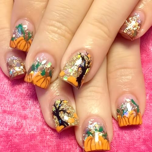 Uñas postizas cortas con arte de hoja de calabaza, fáciles de aplicar para Halloween Consejos para el uso diario con uñas de hoja de calabaza