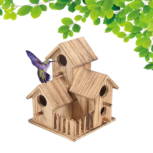 Bird Houses for Outside,Outdoor 4 Hole Wooden Bird House Room for 4 Bird Families Bluebird Finch,Natural Wooden Hummingbird Houses for Outside Hanging, Gardening Gifts Home Decoration