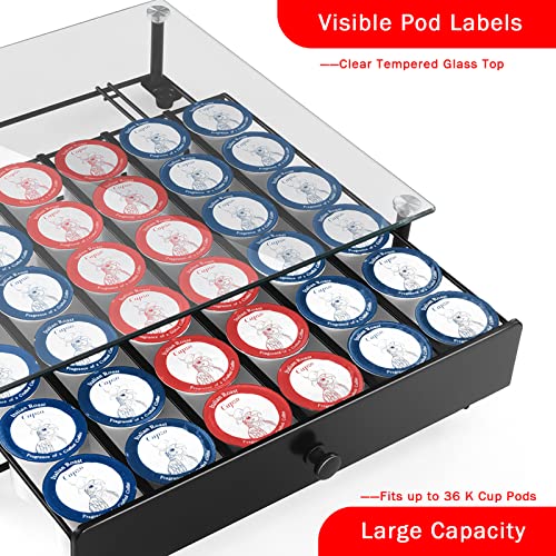 Coffee Pod Holder, Tempered Glass Top Coffee Pod Storage Drawer For K Cup Coffee Pods, Black Coffee Capsules Holder Compatible With 36 Pods, 6 Pods For Each Line #TOP3