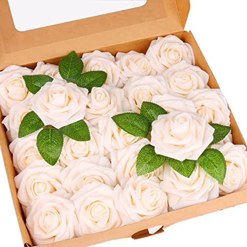 Gooriinet Artificial Flowers 25pcs Real Looking Champagne Foam Fake Roses with Stems for DIY Wedding Bouquets Centerpieces Arrangements Party Baby Shower Home Decorations