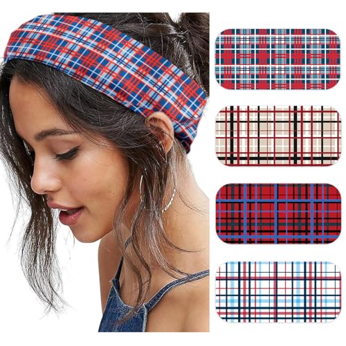 SENMAY Plaid Headbands for Women Wide Checkered Head Bands for Womens Hair Non Slip Wraps Elastic Stretchy Bandanas Workout Fashion Hair Accessories Birthday Gifts for Valentines 4PCS