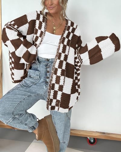 Image of BTFBM Casual Cardigan Sweater for Women Fall 2026 Long Sleeve Open Front Chunky Knit Sweaters Checkered Outwear Coat