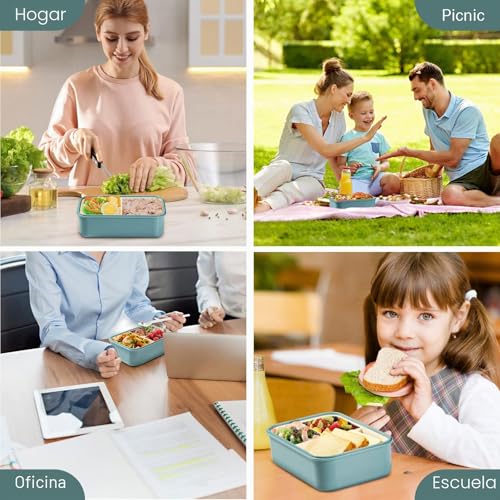 Miniatura 4 de Diboniur Fiambrera Con 3 Compartimentos Y Cubiertos Infantil Adulto, 1400ml Lunch Box Fiambrera Hermetica Comida Trabajo Escuela Picnic Microondas Azul