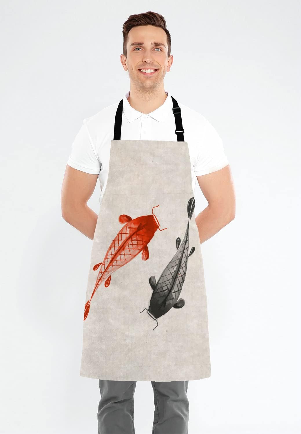 Wasach Red and black koi carps hand drawn with ink in traditional Japanese Apron,Adjustable Neck Bib for Men Women,Suitable for Kitchen Cooking Waitress Chef - Image 4