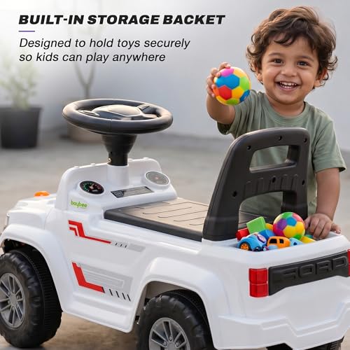 Image of Baybee Speedy Baby Ride on Car for Kids | Portable Kids Car with LED Lights, Music & Storage Basket | Push Toy Cars with High Backrest | Toddler Rideons Jeep for 1 to 3 Years Boys Girls (White)