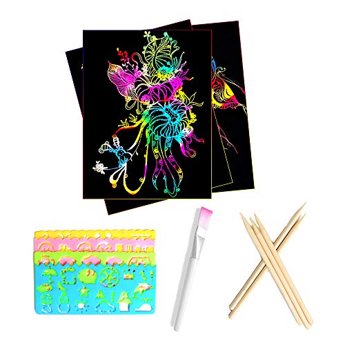 CHSG Scratch Art Para Niños, 50 Hojas Dibujo Láminas Para Rascar Creativas Papel Para Niños Dibujar, Manualidades, Incluye 4 Plantillas De Dibujo 5 Palos De Madera Y 1 Cepillo, Crear Tarjetas