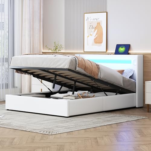 Lcoho Cama tapizada, cama con tira de luz LED, reproductor Bluetooth y carga USB, cama de almacenamiento de piel sintética, cajón, cama doble con somier (blanco, 140 x 200 cm)
