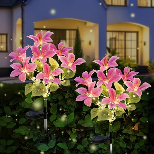Image of Joyoldelf Solar Flower Lights Outdoor Garden – 2 Pack Purple Bauhinia Solar Lights, Waterproof & Solar Powered with 7 Blossoms per Stem, Garden Ornaments Pathway Lighting for Patio Lawn Walkway