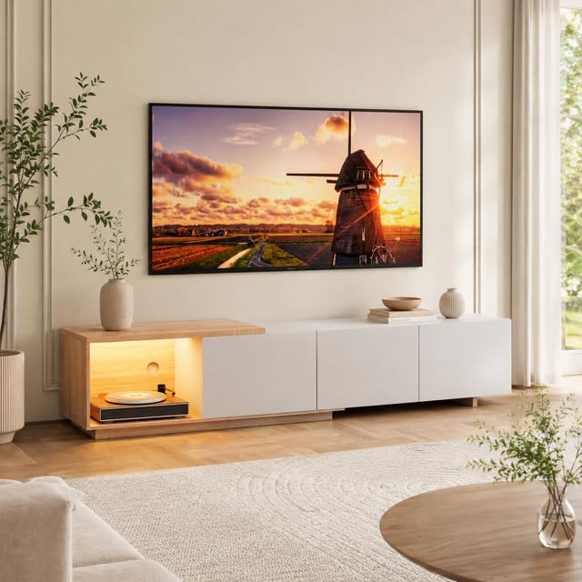 Szafka pod telewizor 163 cm-240 cm z oświetleniem, stolik pod telewizor z 3 szufladami, wysuwany stojak pod telewizor, meble do salonu, wysoki połysk biały i naturalny rysunek słojów, 240 x 38 x