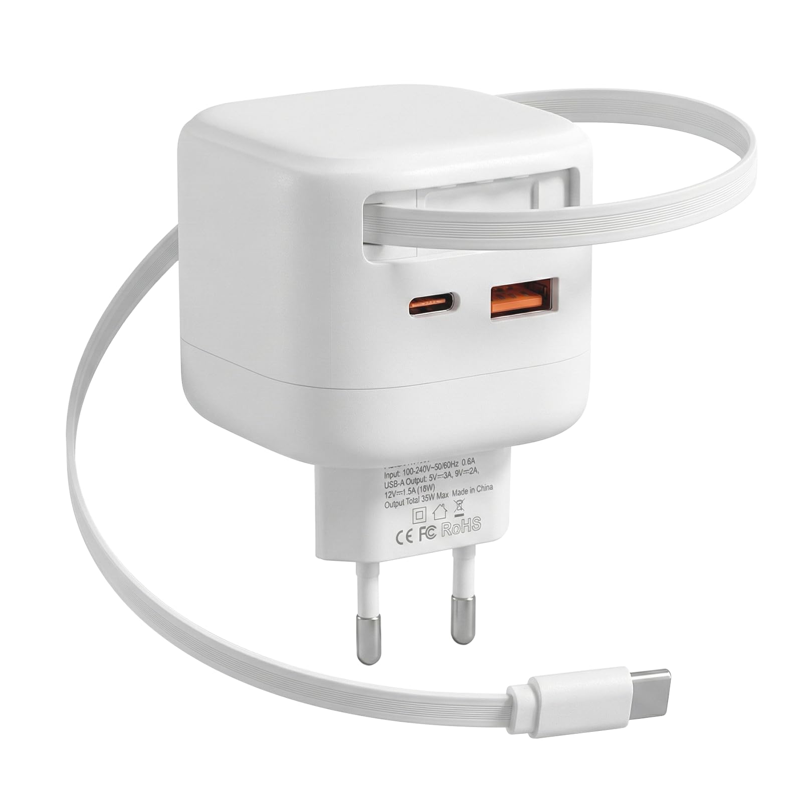 Carehabi Caricabatterie USB C 35W con Cavo Retrattile Alimentatore Type C Ricarica Rapida GaN Caricatore Cellulare Compatibile con iPhone 17/16/15, Galaxy, MacBook, iPad e Tablet